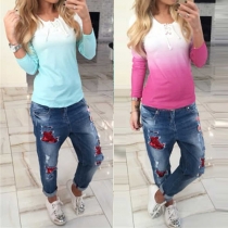 Casual Style Color Gradient Lace-up Round Neck Long Sleeve T-shirt
