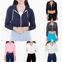 Sexy Solid Color Long Sleeve Hooded Front Zipper Crop Sweatshirt For Women