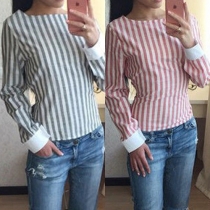 Sexy Round Neck Backless Long Sleeve Knotted Striped Tops