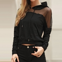 Sexy Solid Color Gauze Spliced Hooded Long Sleeve Sweatshirt For Women
