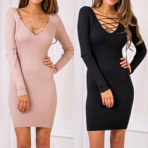 Sexy Solid Color Front Criss Cross V-neck Long Sleeve Ribbed Bodycon Dress