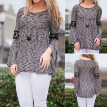 Fashion Lace Spliced Round Neck Long Sleeve T-shirt