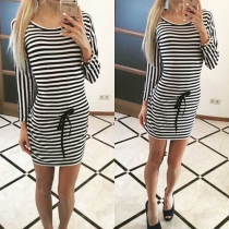 Sexy Round Neck Long Sleeve Drawstring Waist Striped Dress