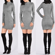 Sexy Solid Color Round Neck Long Sleeve Bodycon Dress