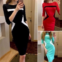Elegant Contrast Color Round Neck Backless 3/4 Sleeve Slim Fit Dress
