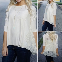 Fashion Lace Spliced Hollow Out Round Neck Long Sleeve High-low Hemline Tops