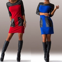 Fashion Leather Spliced 2 Side Pockets Round Neck 3/4 Sleeve Dress
