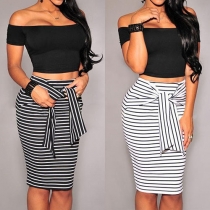Sexy High Waist Front Knotted Striped Bust Skirt