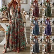 Sexy Blue and White Porcelain Printed V-neck 3/4 Sleeve High-slit Hem Maxi Dress