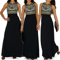 Ethnic Style Printed Round Neck Sleeveless High Waist Chiffon Maxi Dress