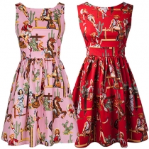 Sweet Printed Round Neck Sleeveless Backless Gathered Waist Swing Dress