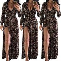 Sexy Leopard Printed V-neck Long Sleeve High-slit Hem Maxi Dress