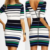 Fashion Round Neck Half Sleeve Backless Striped Slim Fit Dress