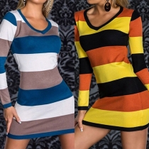 Sexy Striped Printed Round Neck Long Sleeve Slim Fit Dress