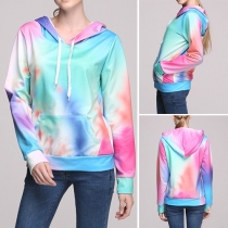 Trendy Front Pocket Color Gradient Long Sleeve Hooded Relaxed Sweatshirt For Women