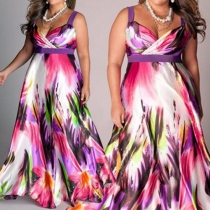 Sexy Oversized Printed V-neck Sleeveless High Waist Sling Maxi Dress