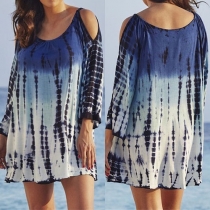 Sexy Printed Oversized Round Neck Cold Shoulder Long Sleeve Relaxed Dress