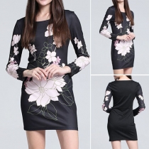 Elegant Floral Printed Round Neck Long Sleeve Slim Fit Dress