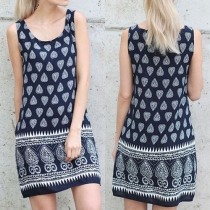 Retro Style Printed Round Neck Sleeveless Dress