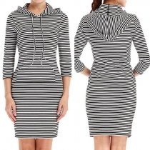 Casual Style Hooded 3/4 Sleeve Front Pocket Striped Sweatshirt Dress