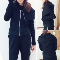 Casual Style Solid Color Front Zipper Hooded Lapel Long Sleeve Coat