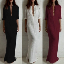 Sexy Solid Color Deep V-neck Button-tab Sleeve Slit Hem Blouse Maxi Dress