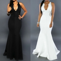 Sexy Solid Color Deep V-neck Sleeveless Gauze Spliced Hollow Out Floor-length Dress