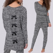 Casual Style Long Sleeve Bowknot Irregular Hemline Tops and Pants Two-piece Set