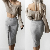 Sexy Solid Color Front Cross Knotted Slim-fitting Knit Bust Skirt