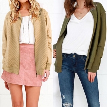 Fashion Solid Color Beaded Rivet Stand Collar Long Sleeve Front Zipper Women's Coat