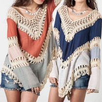 Trendy Contrast Color V-neck Long Sleeve Hollow Out Knit Smock