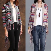 Ethnic Style Colorful Striped Printed Long Sleeve Tassel Irregular Hemline Cardigan