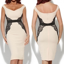 Sexy Lace Spliced Low-cut Backless Sleeveless Gathered Waist Dress