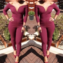 Sexy Solid Color V-neck Off Shoulder 3/4 Sleeve Slim Fit Jumpsuit