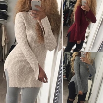 Casual Pure Color Side Slit long Sleeve Sweater