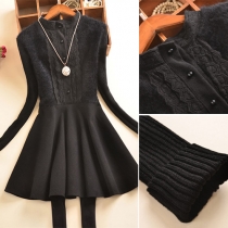 Sweet Style Stand Collar Lace Spliced Black Dress