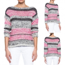Casual Round Neck Color Stripe Knited Sweater