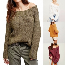 Casual Sexy Pure Color Knitted Pullover Off Shoulder Sweater