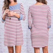 Casual Contrast Color Denim Round Neck Slim Fit Striped Dress