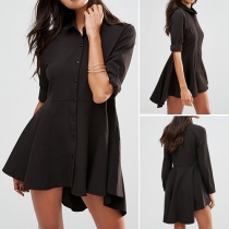 Stylish Solid Color Long Sleeve Button-down Blouse Dress