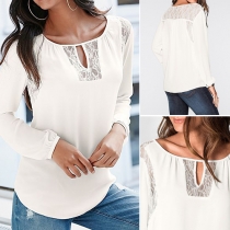 Casual Solid Color Lace Spliced Round Neck Long Sleeve T-shirt