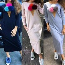 Stylish Puffer Ball Ice Cream Printed Round Neck Long Sleeve Midi Dress