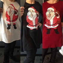 Cute Santa Claus Printed Round Neck Long Sleeve Dress