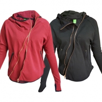 Casual Solid Color Lapel Long Sleeve Oblique Zipper Hoodied Coat