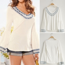 Sweet Printed Round Neck Bell Sleeve Loose-fitting Tops