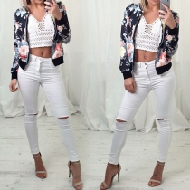 Fashion Floral Printed Front Zipper Long Sleeve Crop Coat