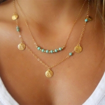 Fashion Turquoise Dual-layer Beads Pendant Short Necklace