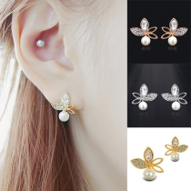 Fashion Rhinestone Leaf Flower Hollow Out Pearl Earring