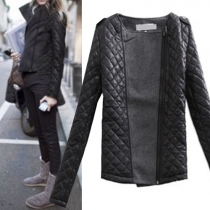 Fashion Solid Color Oblique Zipper Long Sleeve Leather Spliced Slim Fit Jacket
