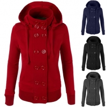 Fashion Solid Color Double-breasted Long Sleeve Hooded Sweatshirt Coat